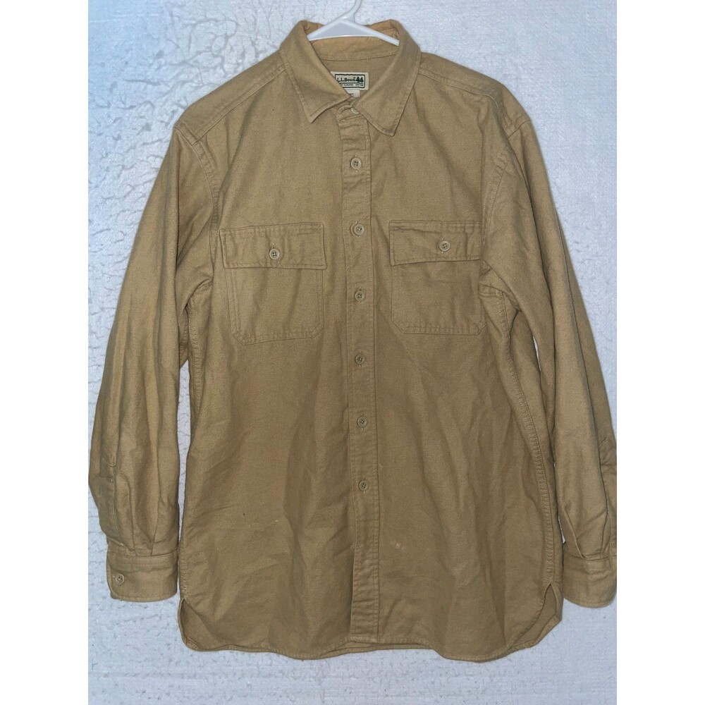 Vintage LL Bean Chamois Button Up Men's M Beige Shacket Heavy 100% Cotton Shirt